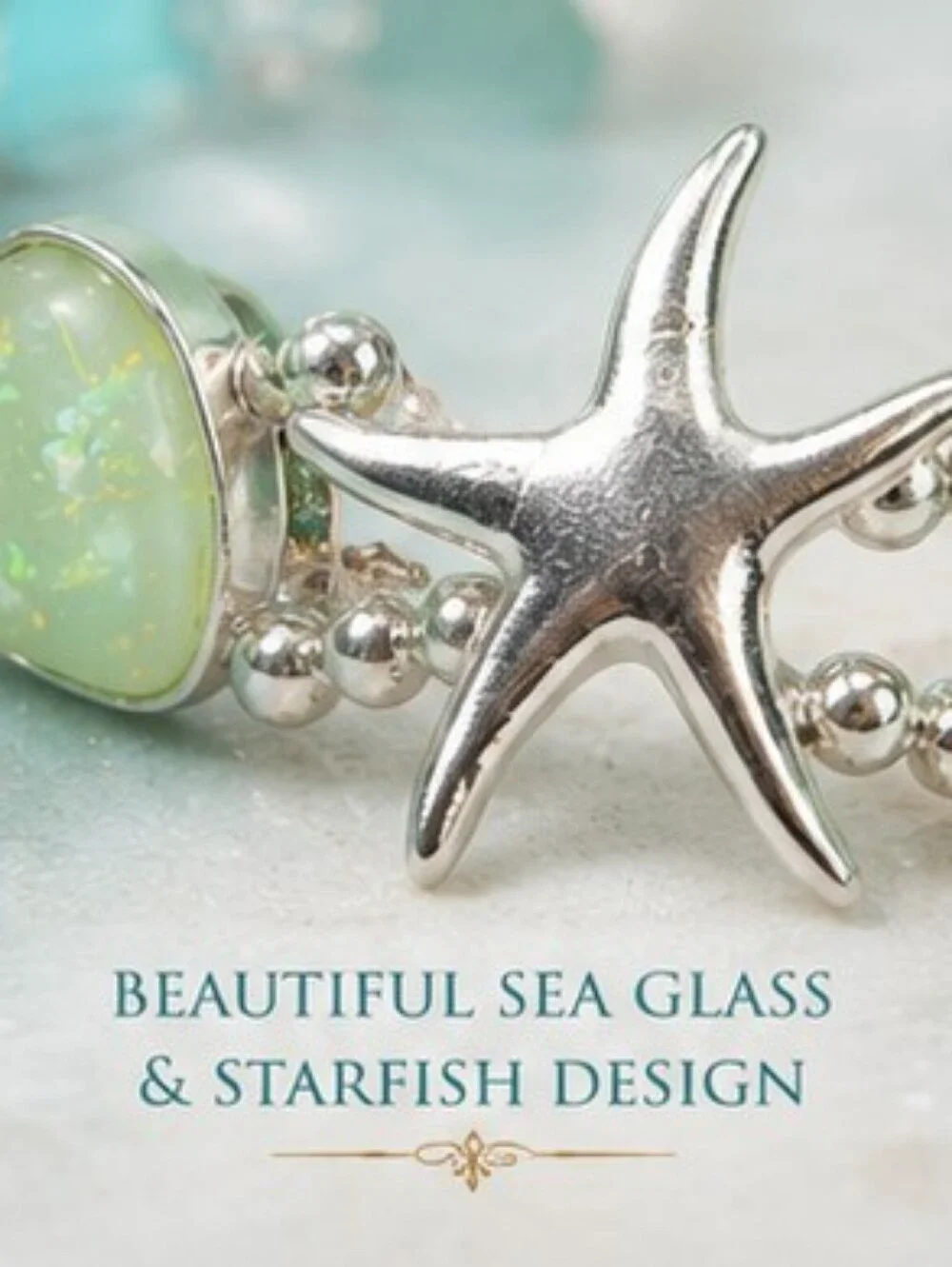 Sea Glass Starfish Bracelet 14K White Gold Plated Coastal Stretch NWOT